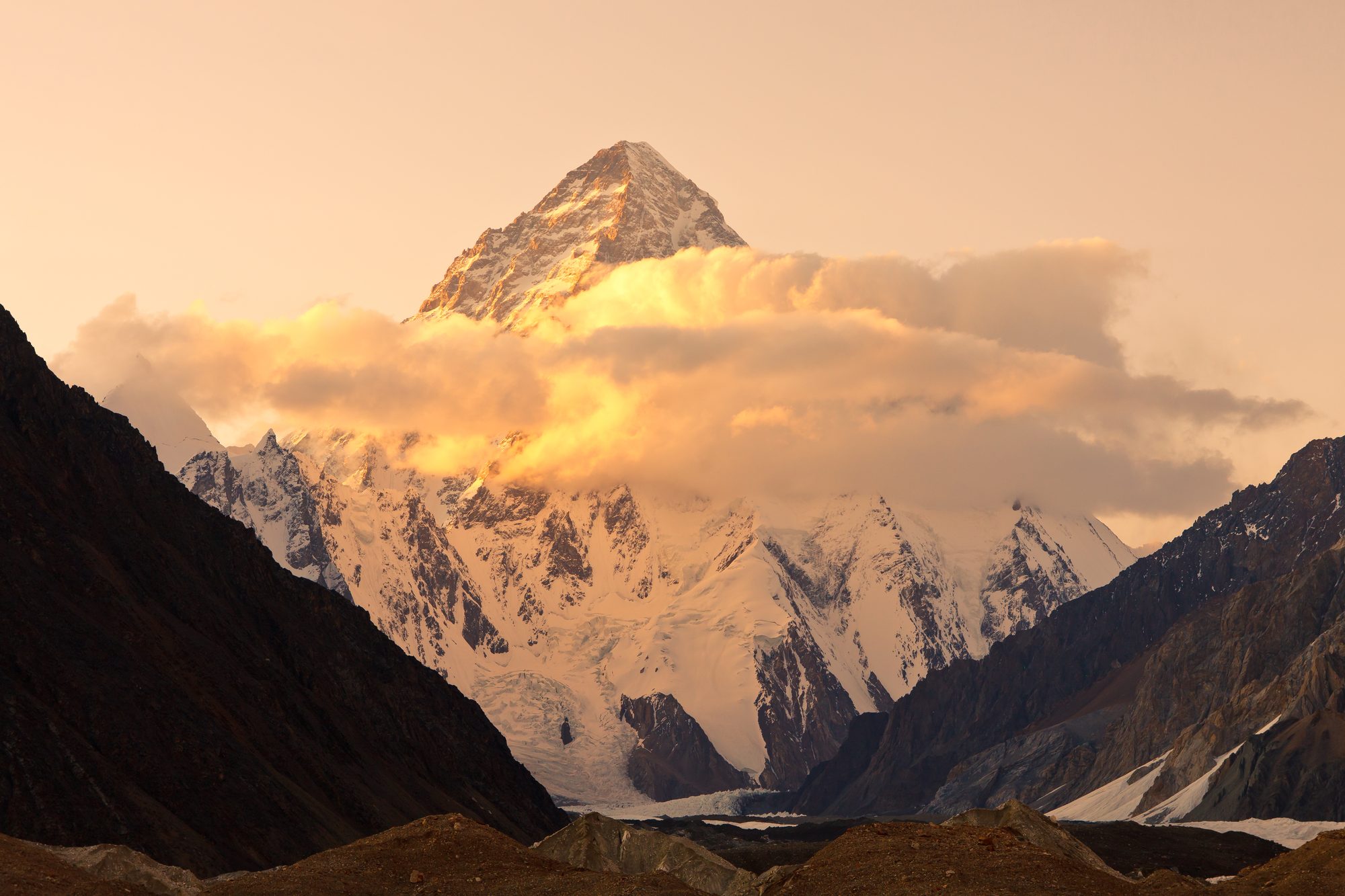 Golden sunrise over K2 and the Karakoram mountains